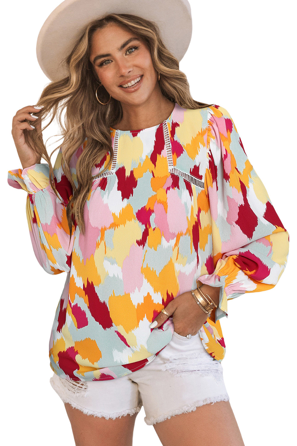 Multicolor Abstract Bohemian Puff Sleeve Blouse