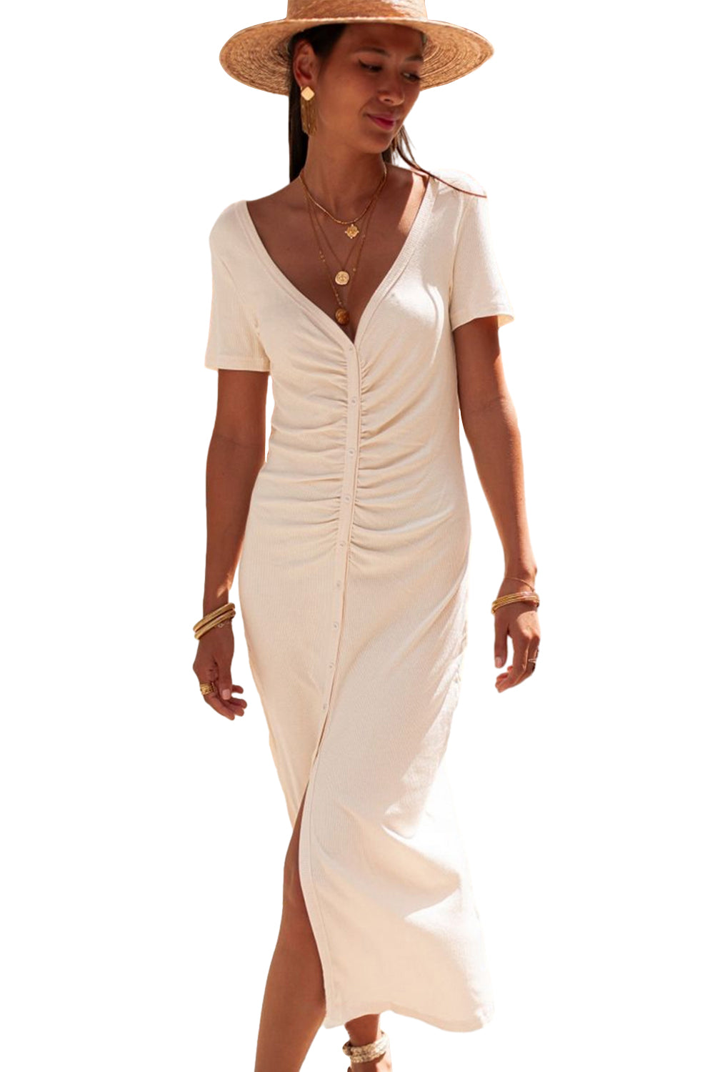 Beige V Neck Ruched Button Front Maxi T Shirt Dress