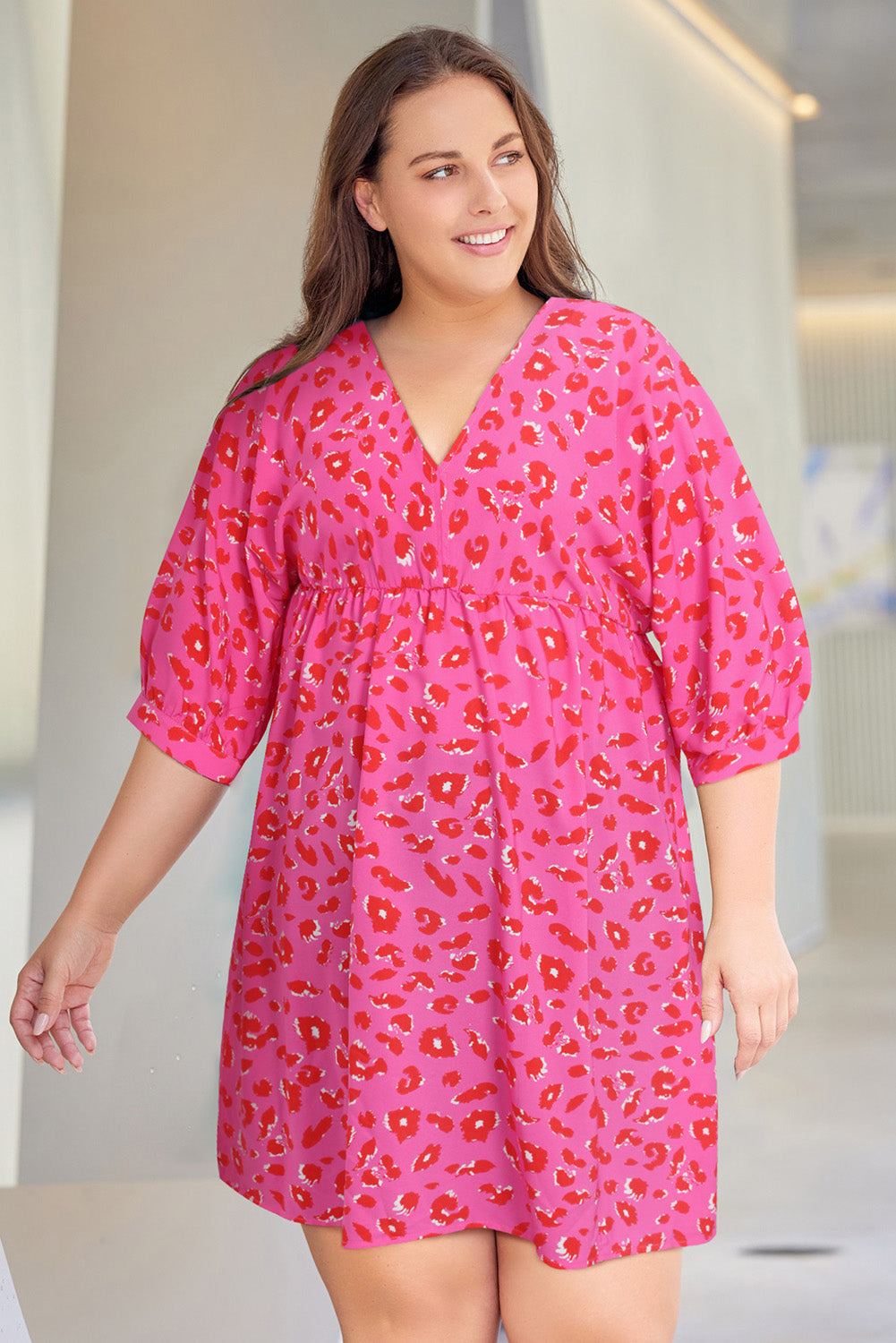 Rose Plus Size 3/4 Sleeves V Neck Leopard Dress