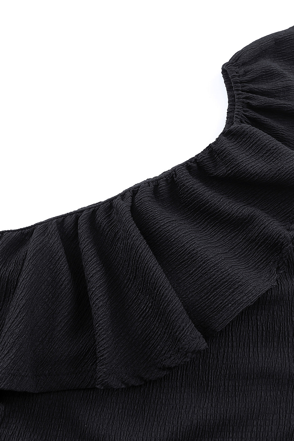 Black Textured Ruffle Trim Sleeveless One Shoulder Top