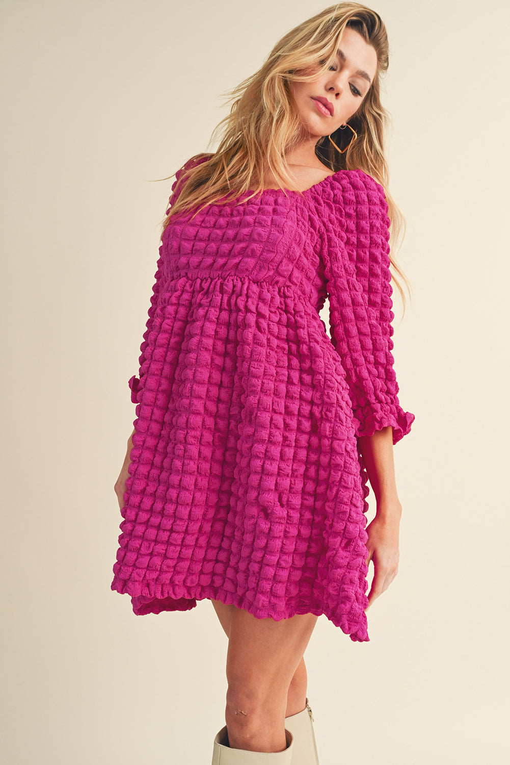 Strawberry Pink Bubble Textured Square Neck Babydoll Dress