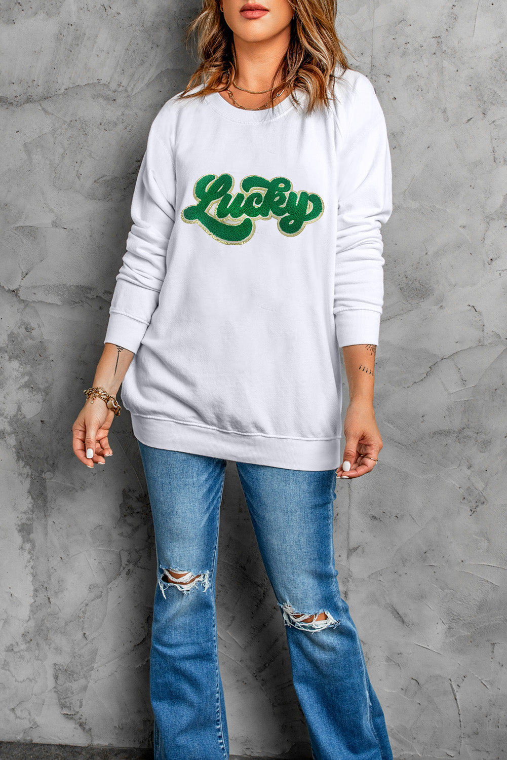 White Shiny Trim Chenille Lucky Letter Graphic Sweatshirt