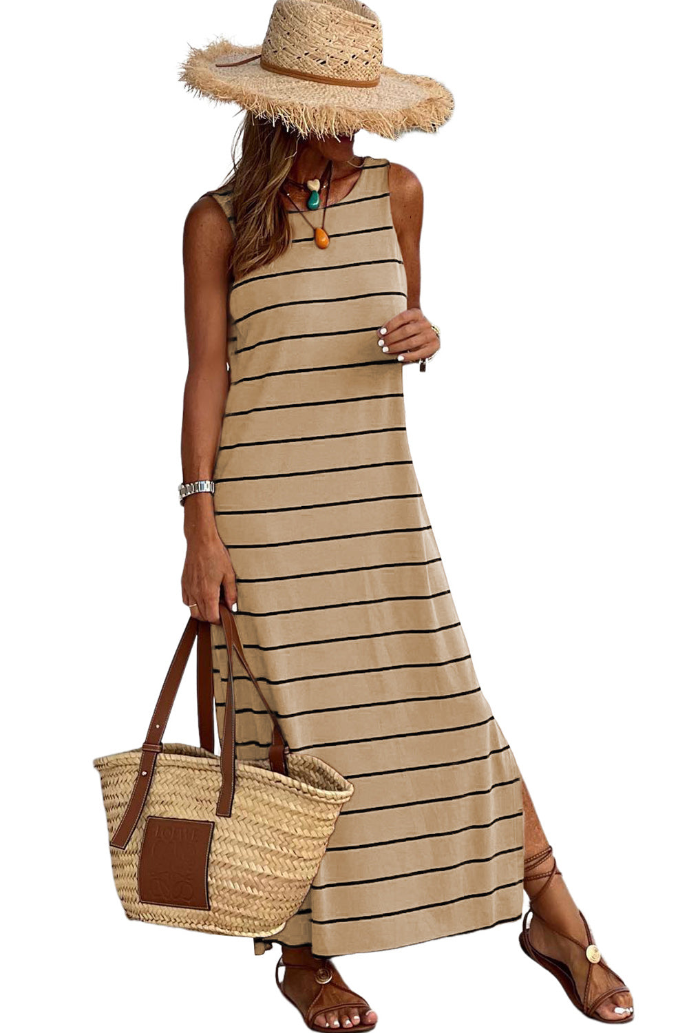 Khaki Striped Backless Casual Side Slits Maxi Dress