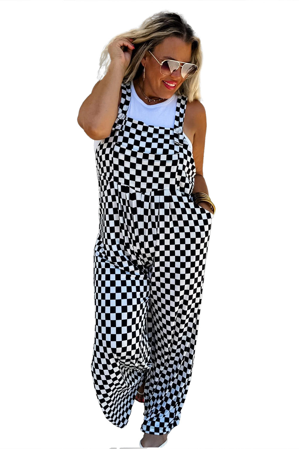 Black Checkered Print Pocketed Wide Leg Overall