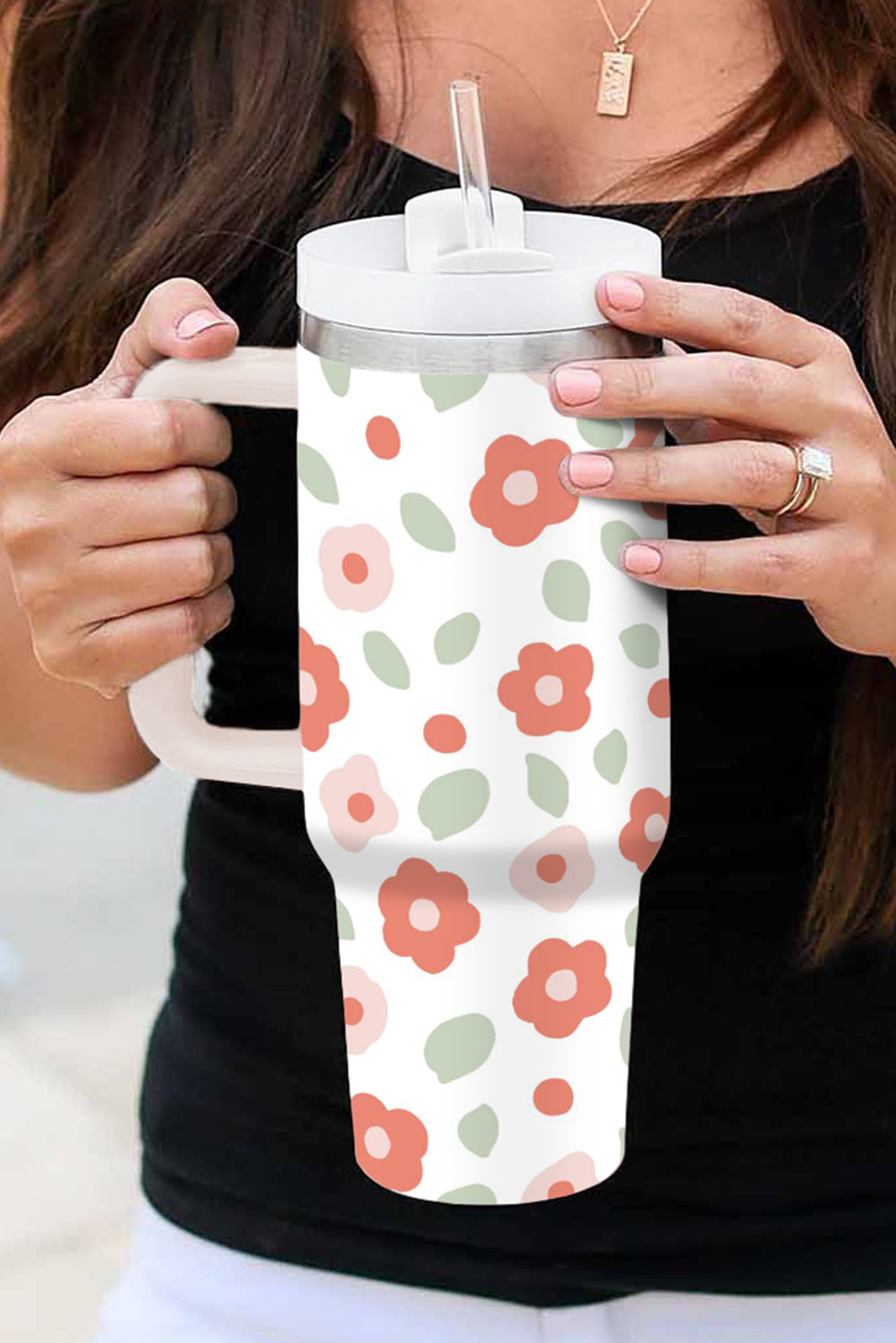 White Floral Print Stainless Large Portable Cup 1200ml