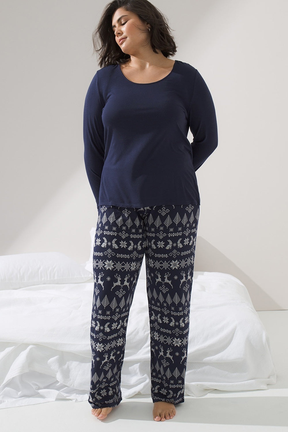 Blue Solid Top and Christmas Printed Pants Lounge Set