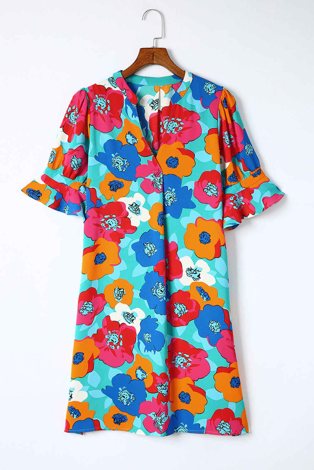 Multicolor Floral Print Mandarin Collar Short Sleeve Tunic Dress