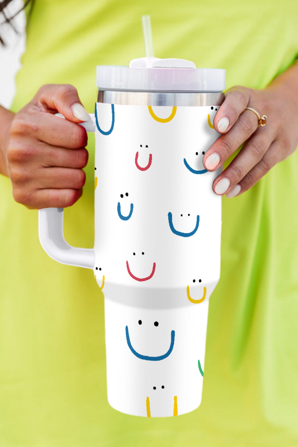 White Smiling Face Print Handle Vacuum Cup 1200ml