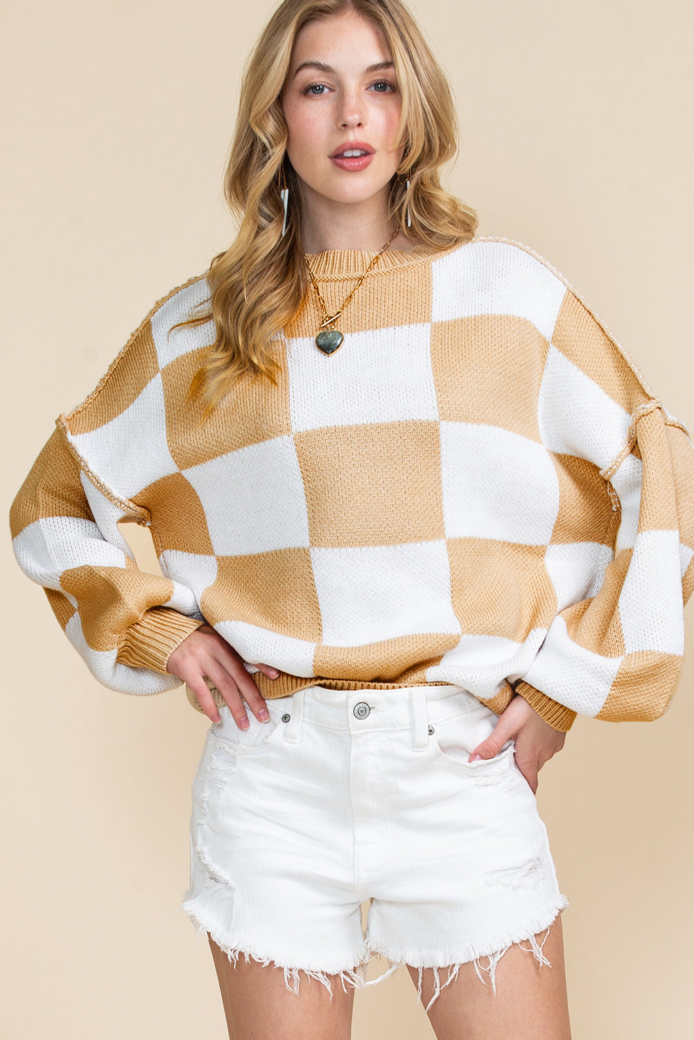 Gray Checkered Bishop Sleeve Pullover Sweater