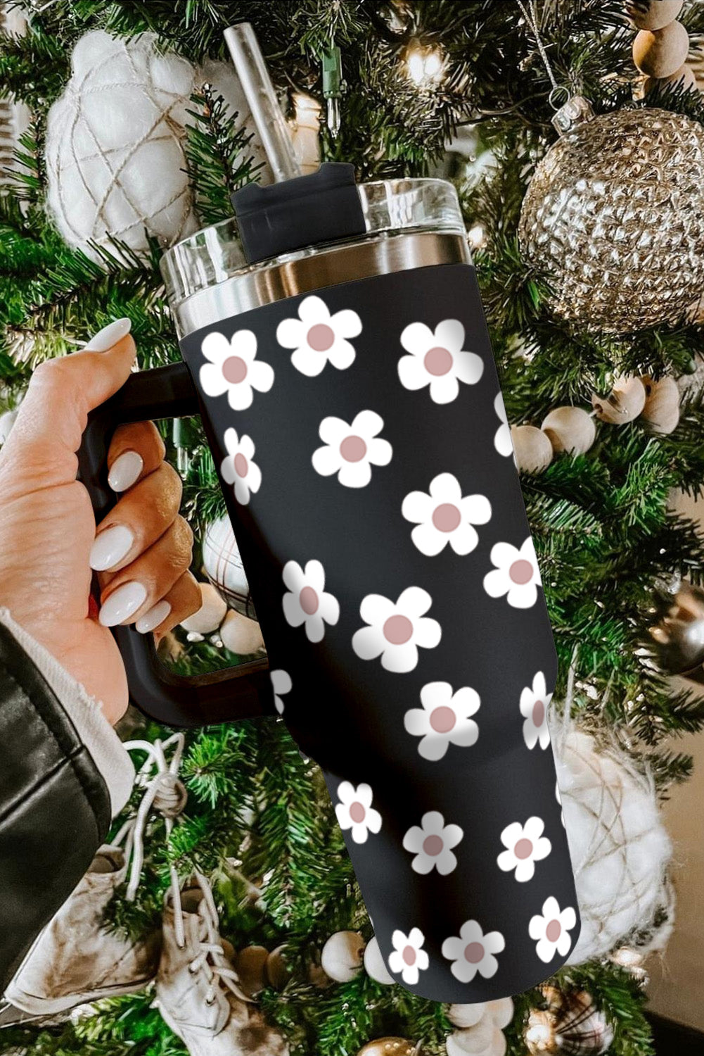 Black Floret Print Stainless Tumbler With Lid And Straw