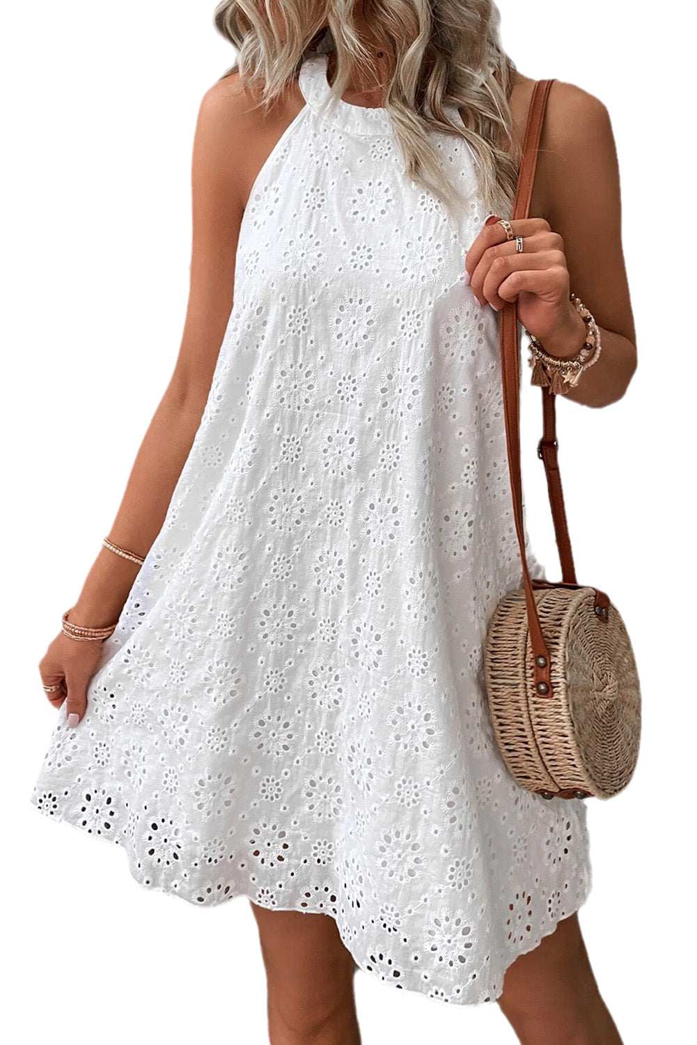 White Lace Eyelet Sleeveless O-Neck Keyhole Back Mini Dress