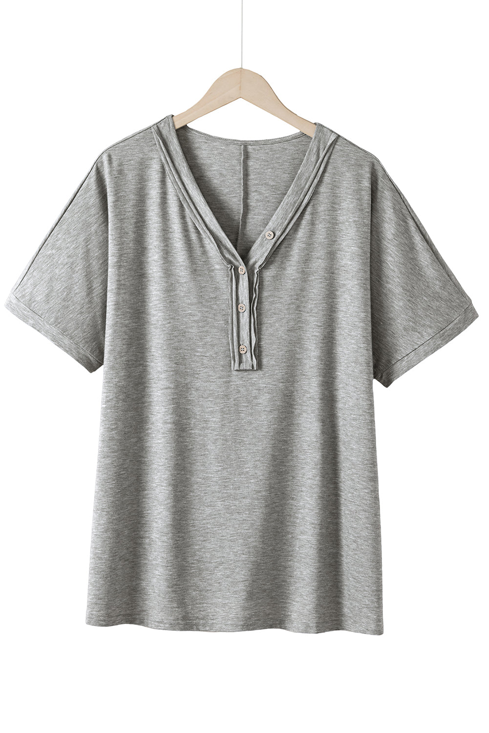 Gray Plus Size Buttoned V Neck Batwing Sleeve Top