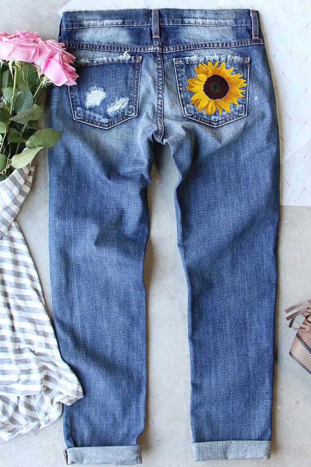 Blue Sunflower Print Ripped Mid Rise Straight Leg Graphic Jeans