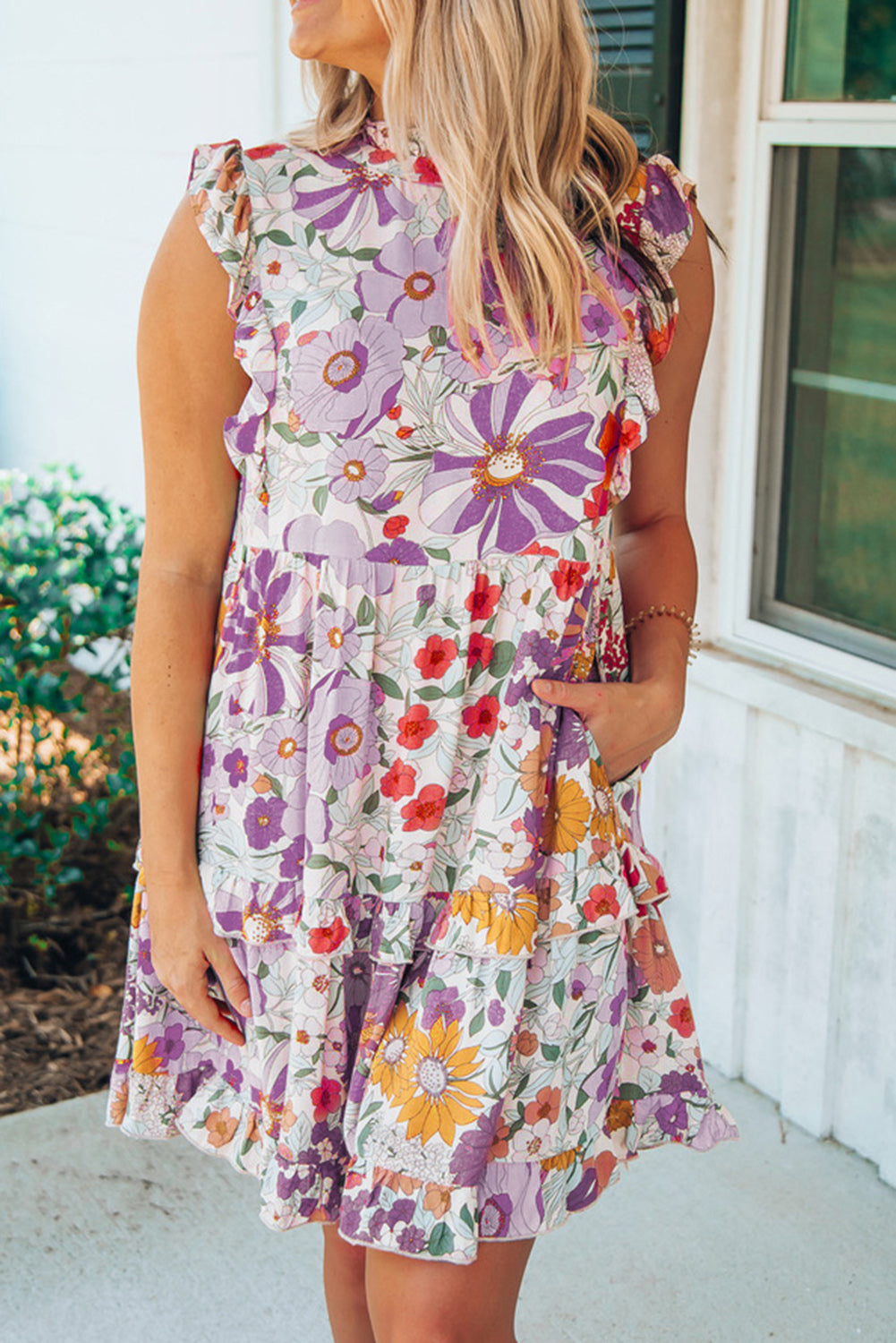 Floral Print Casual Ruffled Sleeveless Tiered Short Dress