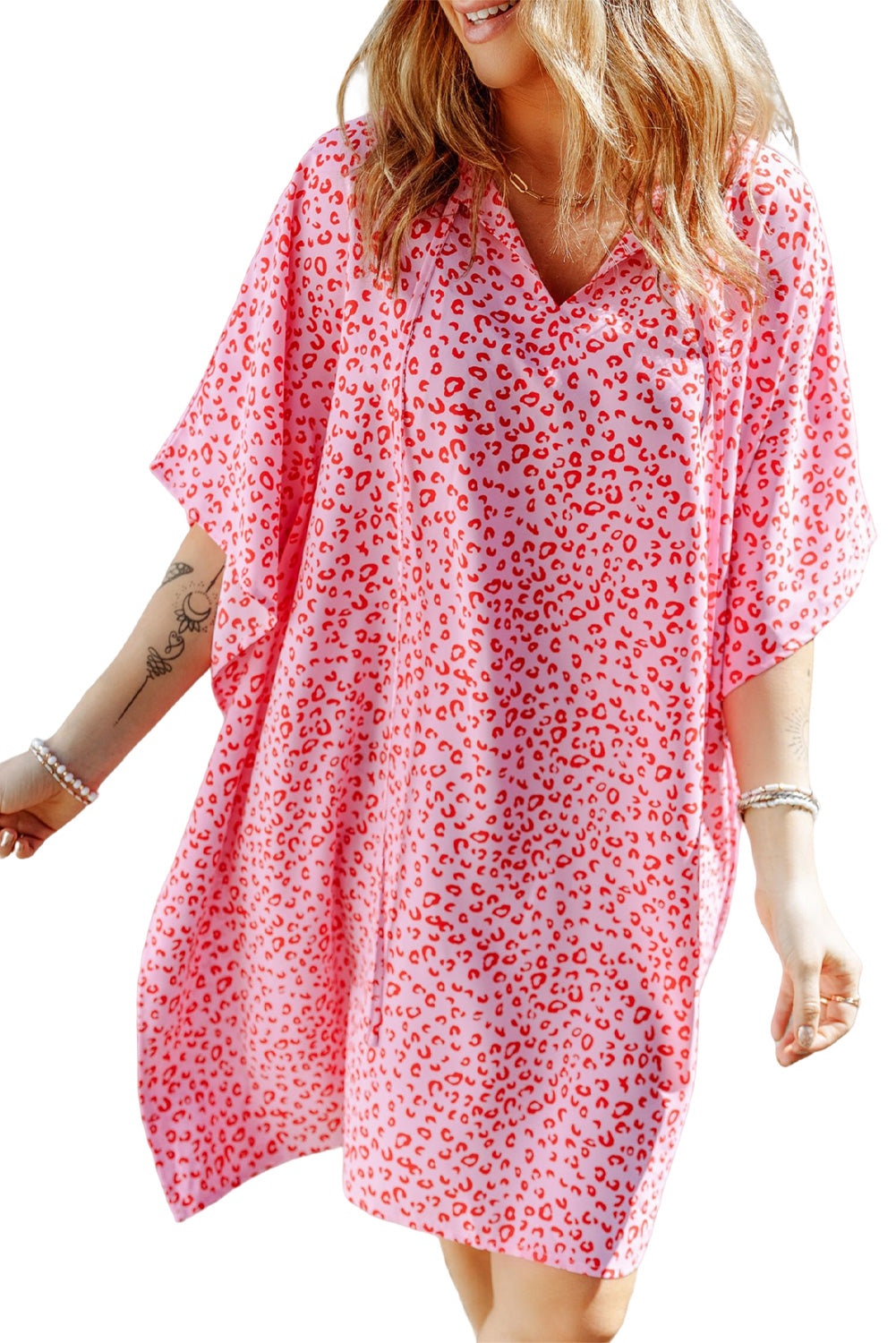 Pink Keyhole Short Sleeve Casual Leopard Print Dress