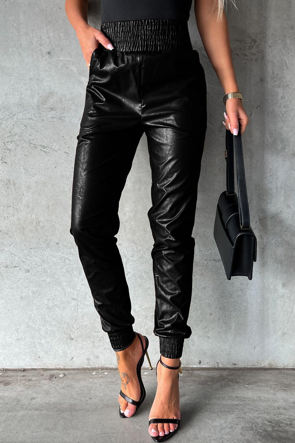 Black Smocked High Waist Leather Skinny Pants