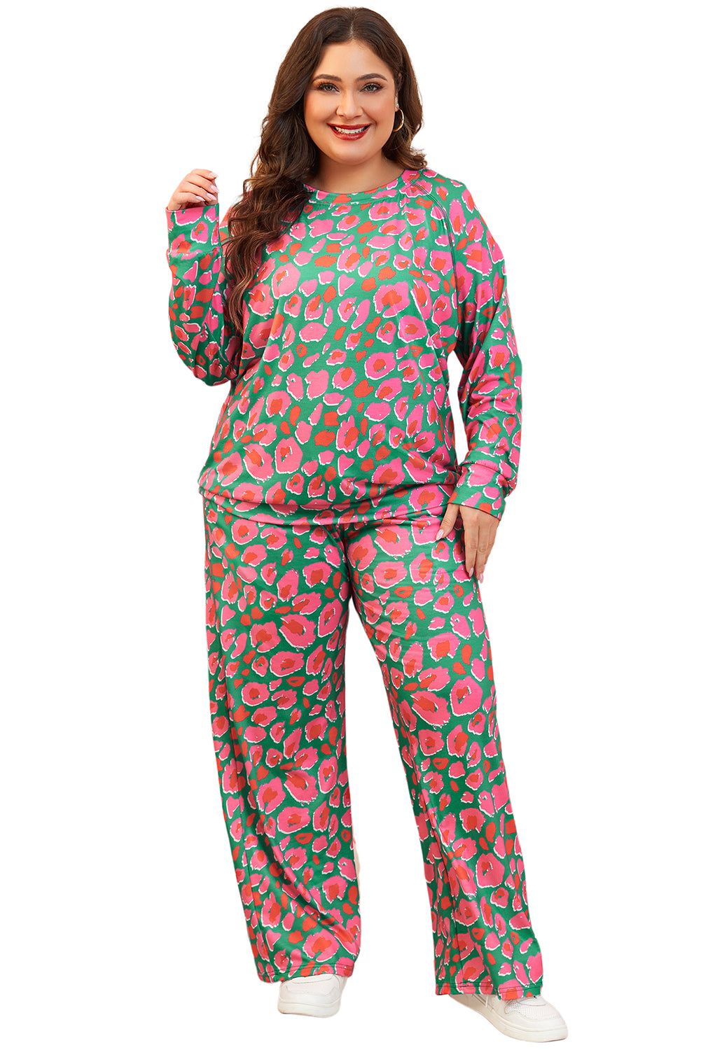 Green Plus Size Leopard Long Sleeve and Pants Loungewear Set