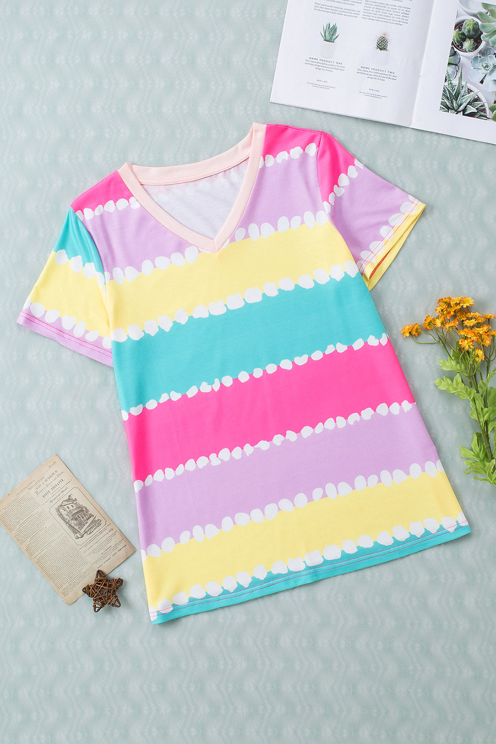 Yellow Striped Color Block V Neck T Shirt