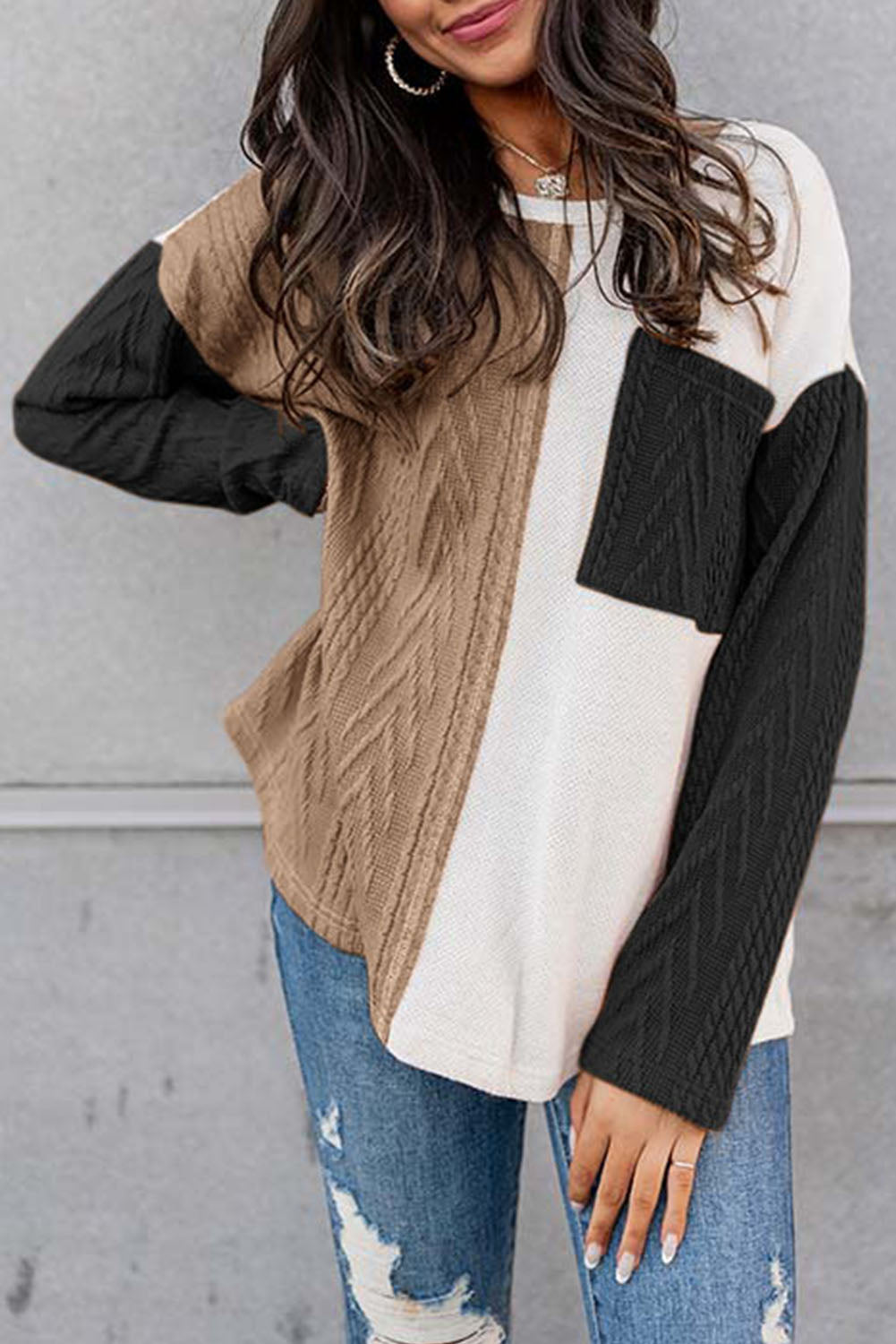 Black Long Sleeve Colorblock Chest Pocket Textured Knit Top