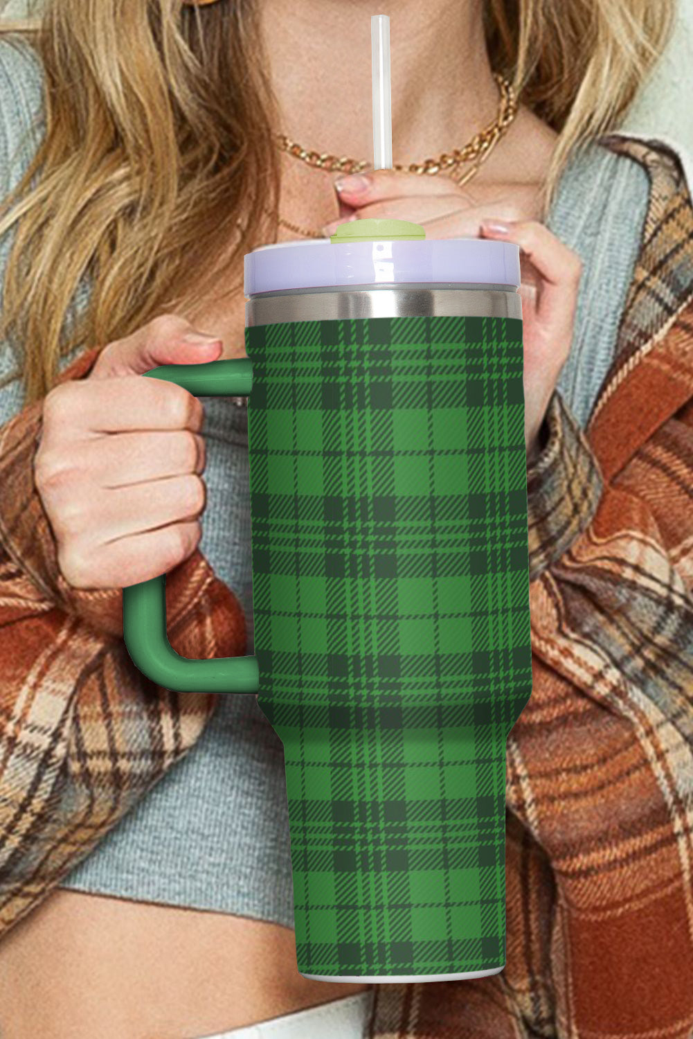 Dark Green Plaid Print Stainless Tumbler with Lid