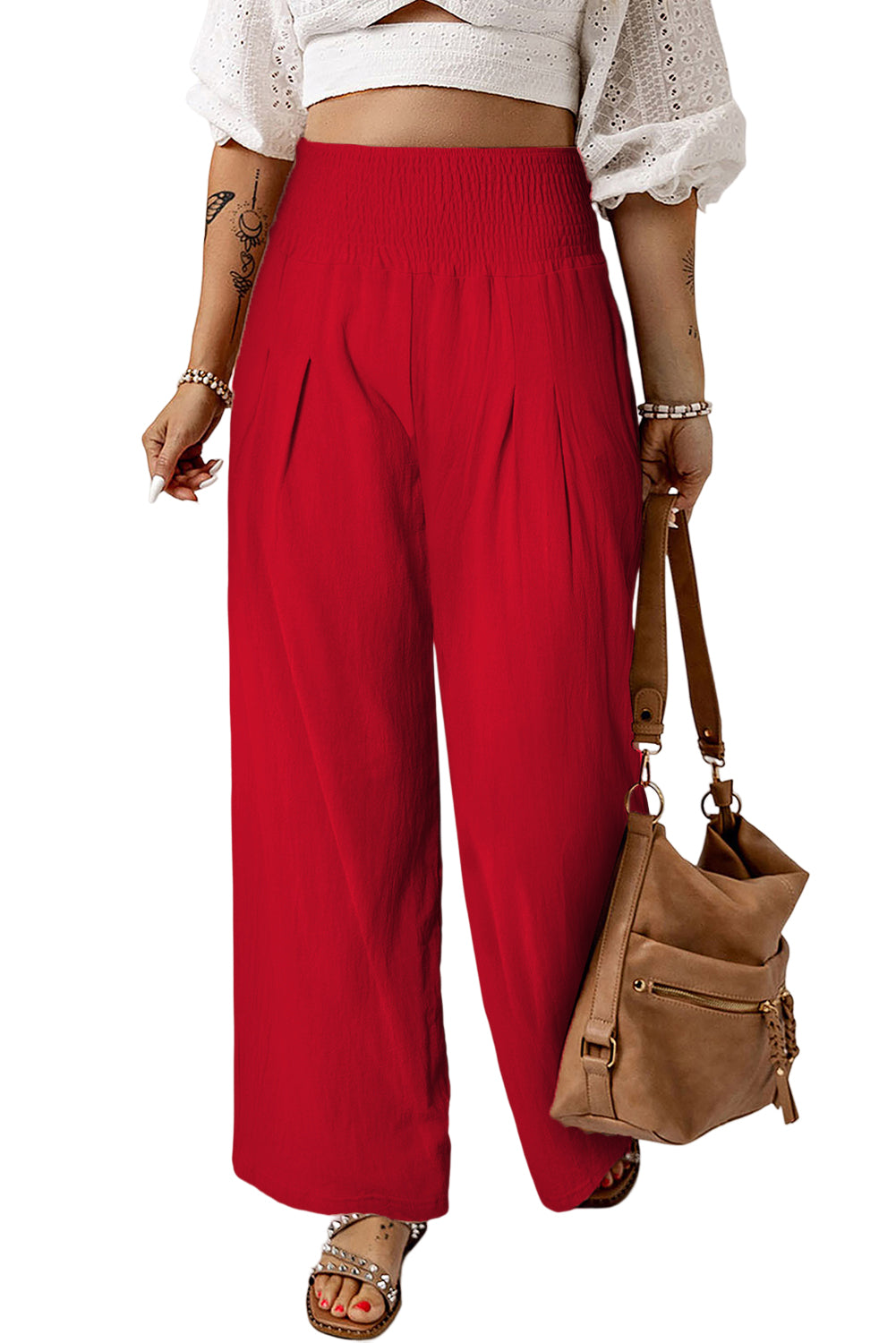 Red Smocked Wide Waistband High Waist Wide Leg Pants