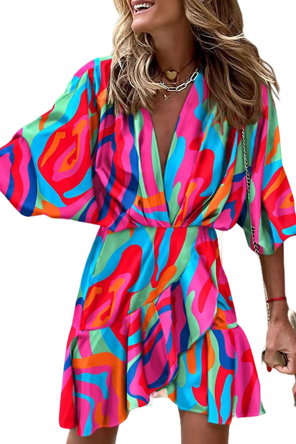 Multicolor Abstract Printed V Neck Dolman Sleeve Ruffle Wrap Dress