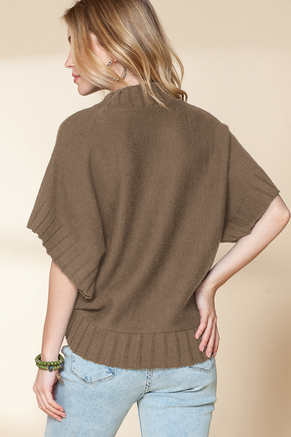 Medium Grey Mock Neck Batwing Sleeve Knit Sweater