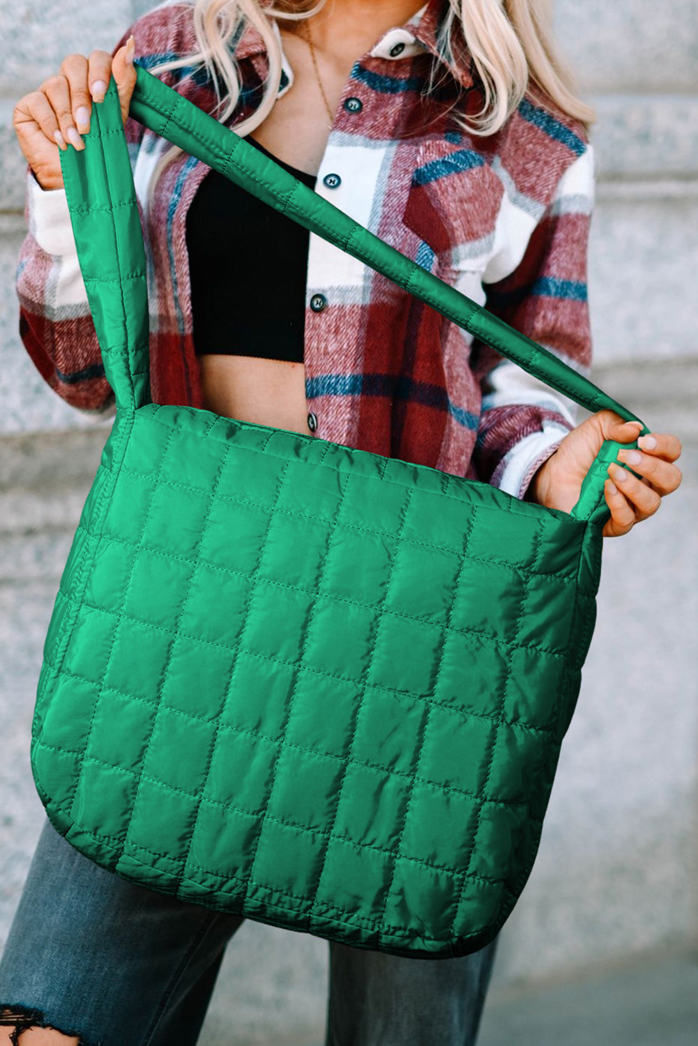 Dark Green Quilted Zipper Large Shoulder Bag