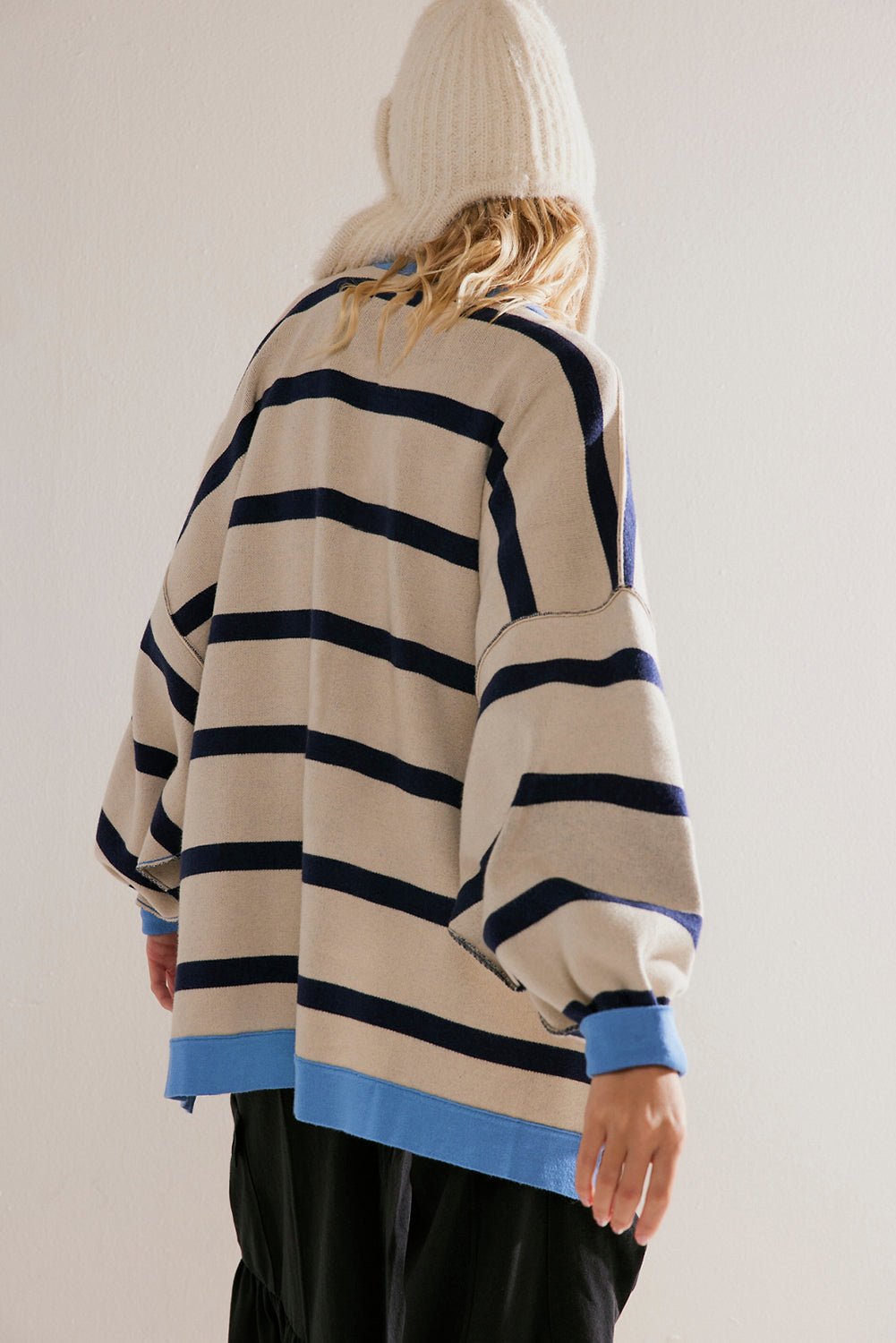 White Stripe Colorblock Drop Shoulder Buttoned Loose Cardigan