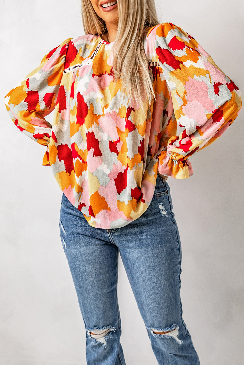 Multicolor Abstract Bohemian Puff Sleeve Blouse