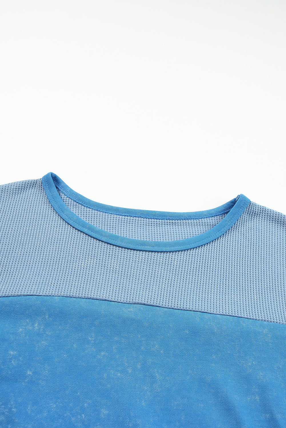 Sky Blue Plus Size Waffle Knit and Washed Patchwork Drop Shoulder Top