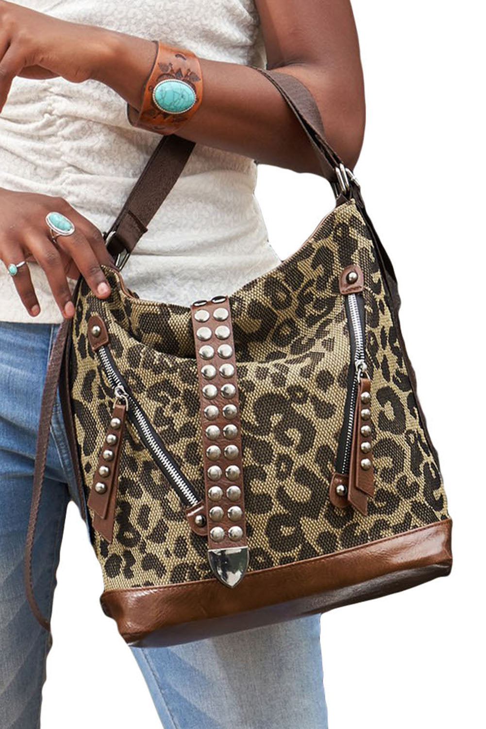 Brown Leopard Stud Western Shoulder Bag