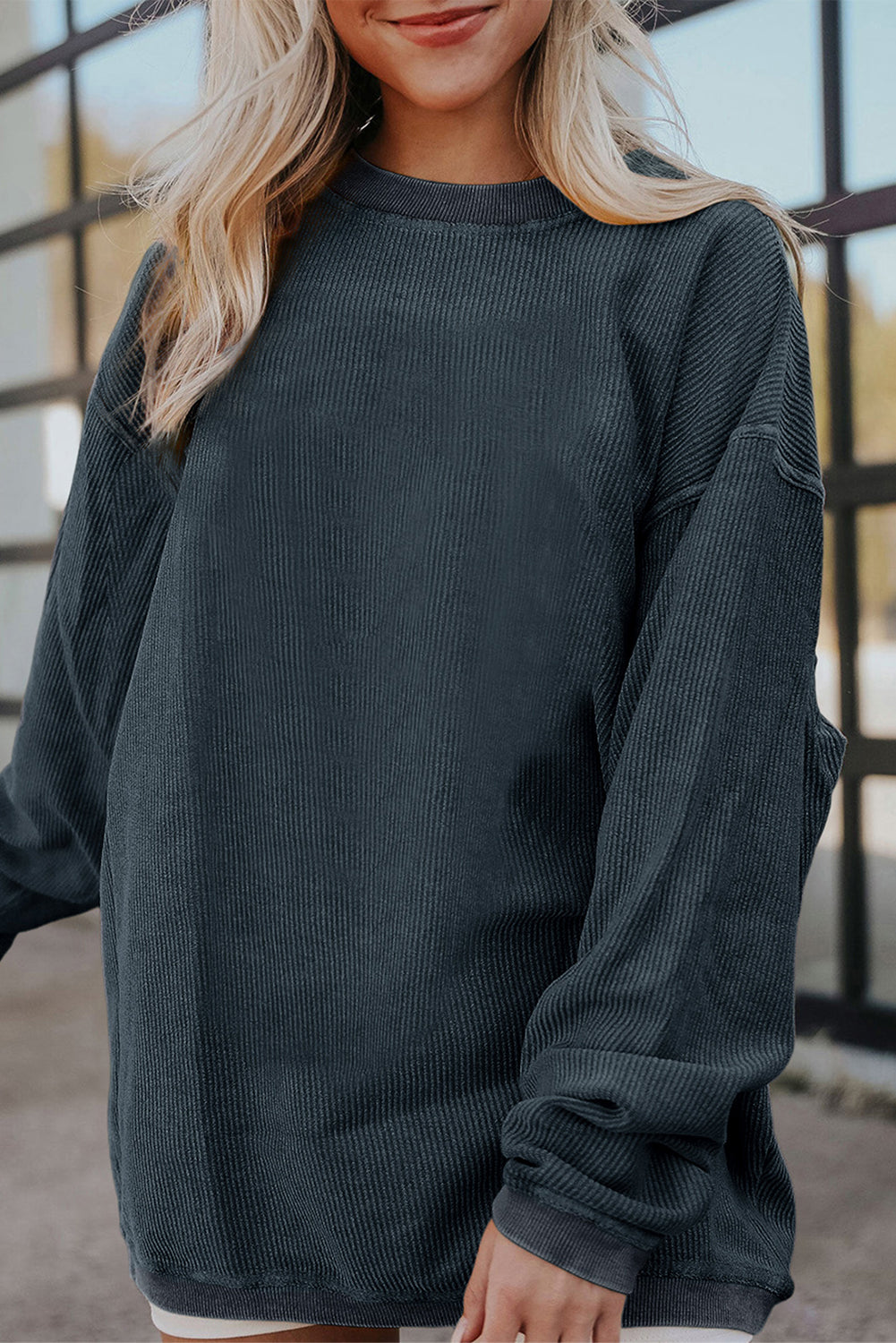 Grass Green Crinkle Rib Drop Shoulder Oversized Sweatshirt