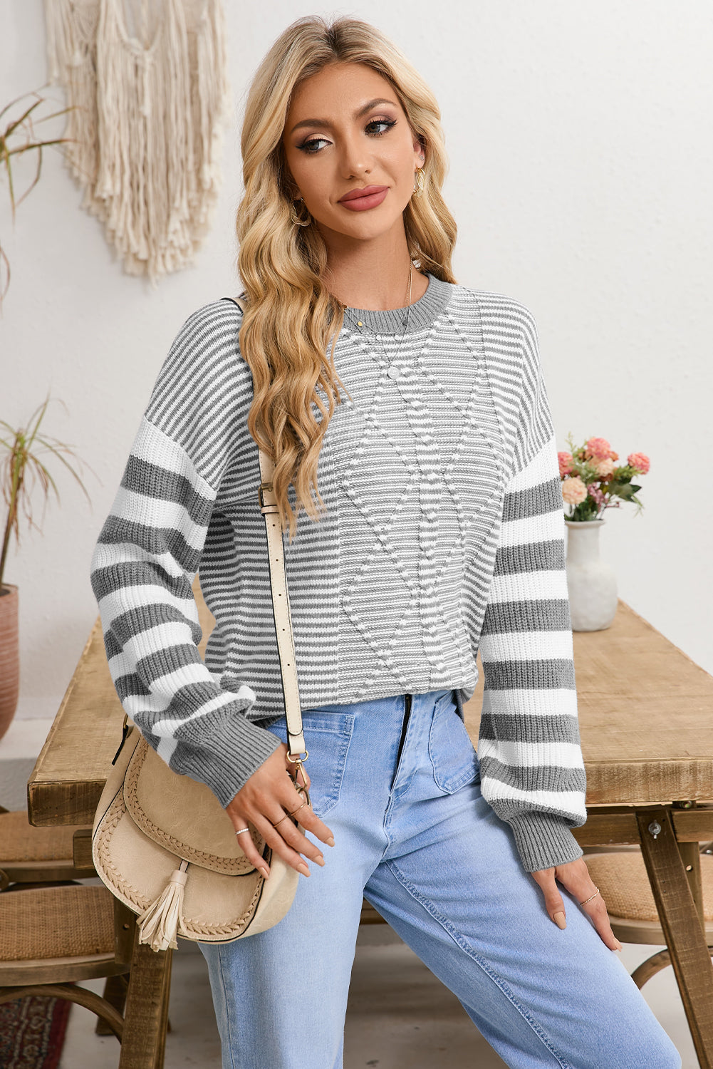 Gray Stripe Twisted Knitted Drop Shoulder Sweater