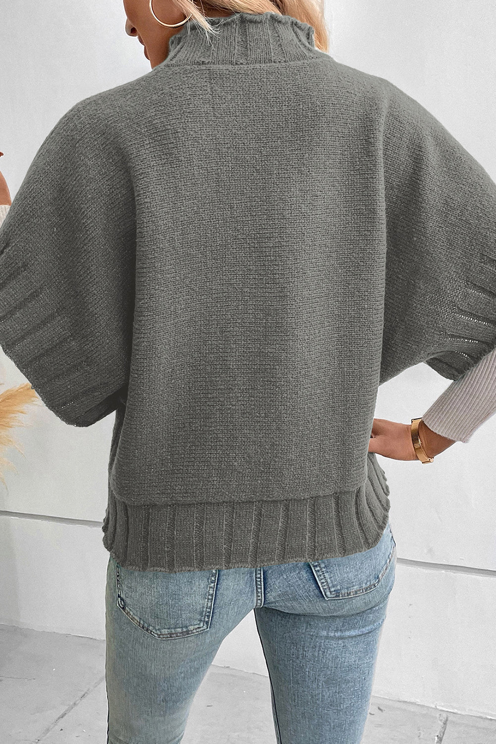 Medium Grey Mock Neck Batwing Sleeve Knit Sweater