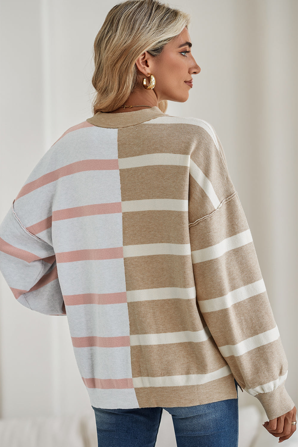 Light Beige Striped Colorblock Drop Shoulder Sweater