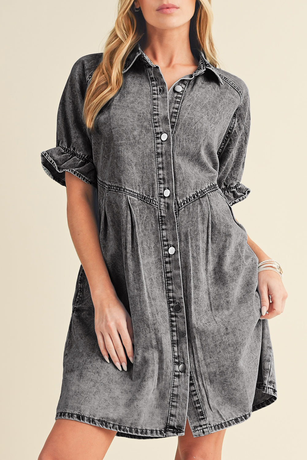 Medium Grey Mineral Washed Ruffled Short Sleeve Pocketed Denim Dress