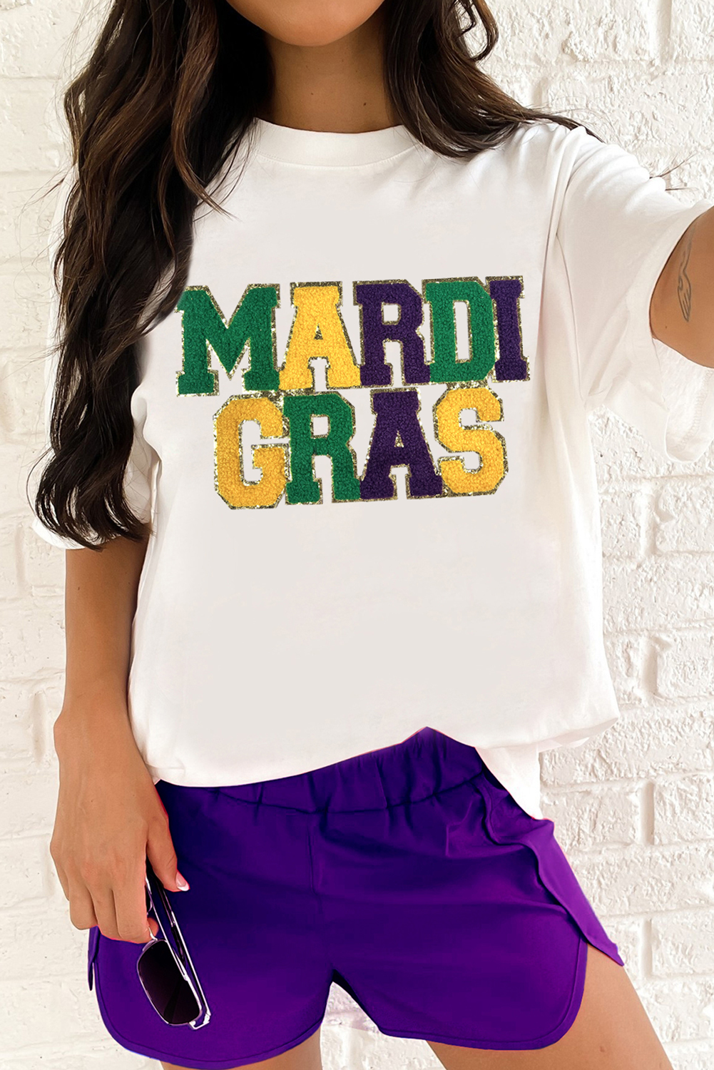 White Chenille MARDI GRAS Patched Graphic T Shirt