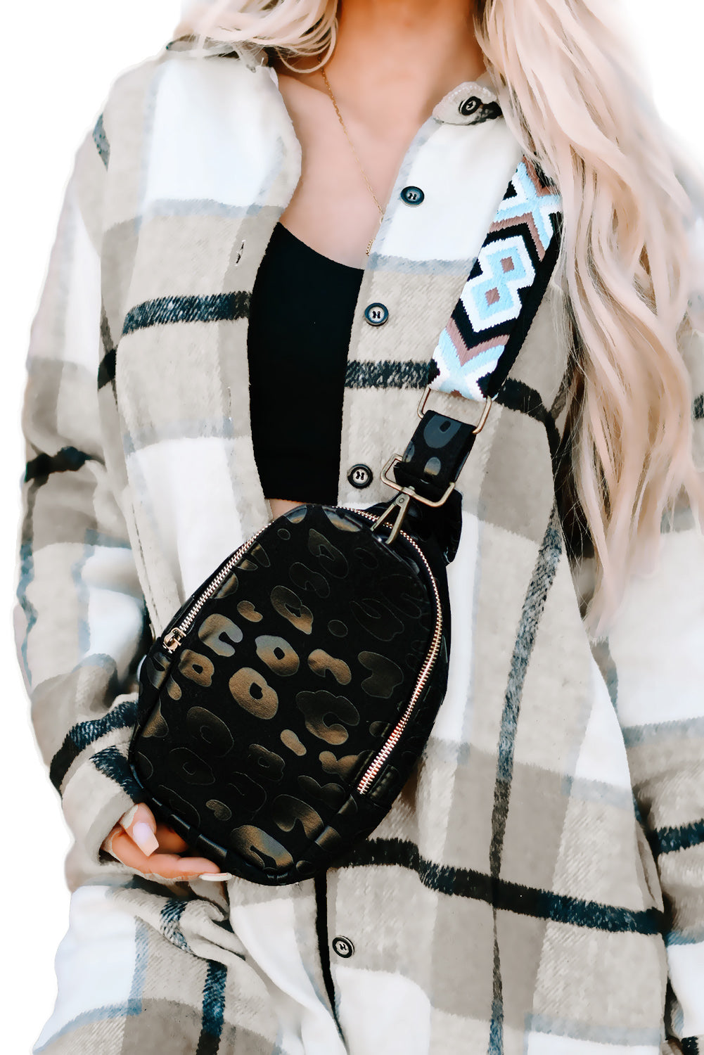 Black Leopard Geometric Print Strap Zip Crossbody Bag