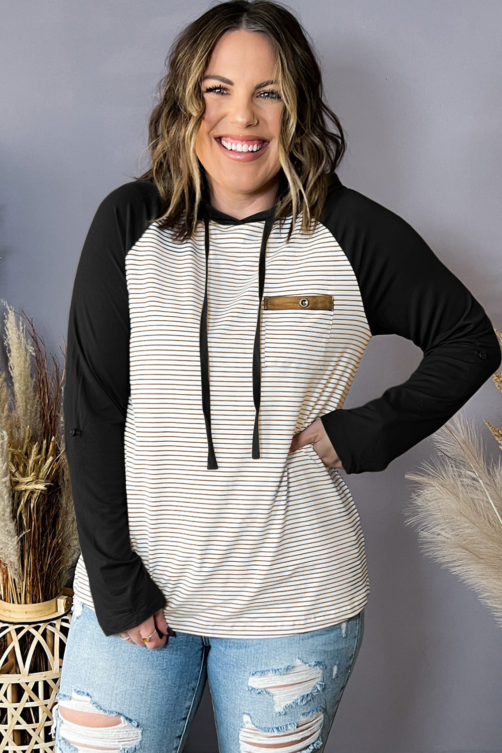 Green Striped Raglan Sleeve Pocket Plus Size Hoodie