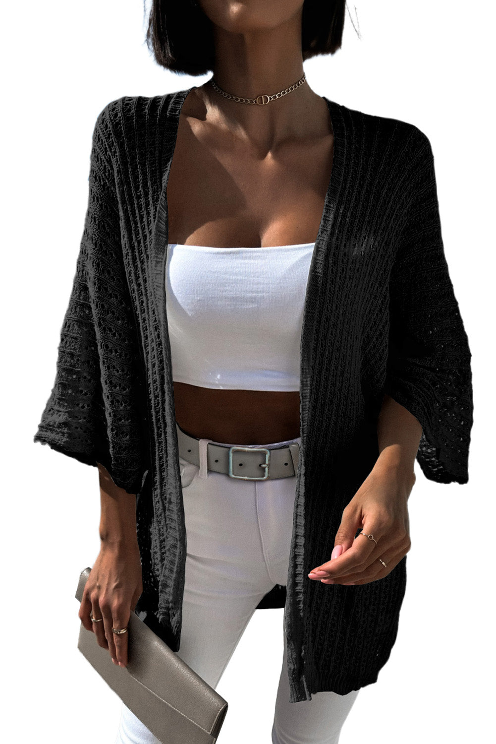 Black Hollow-out Bracelet Sleeve Knit Cardigan