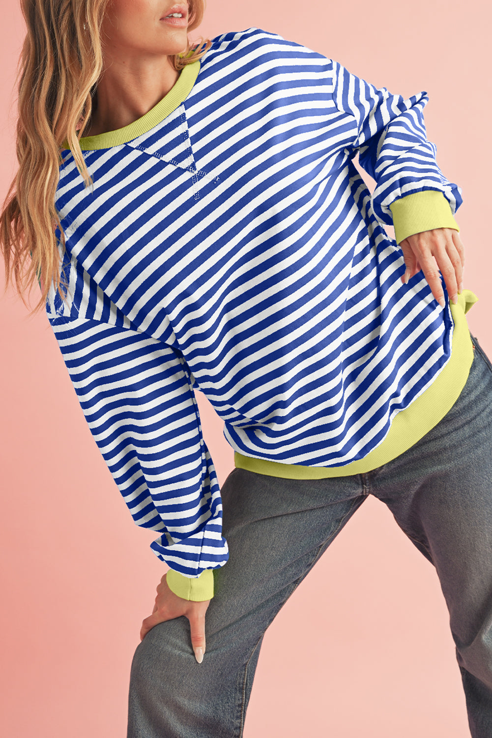 Sky Blue Stripe Contrast Edge Oversized Pullover