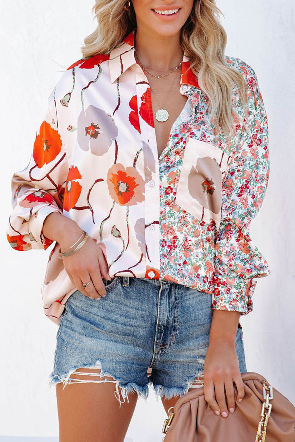 Red Bohemian Floral Pockets Patchwork Button Up Shirt