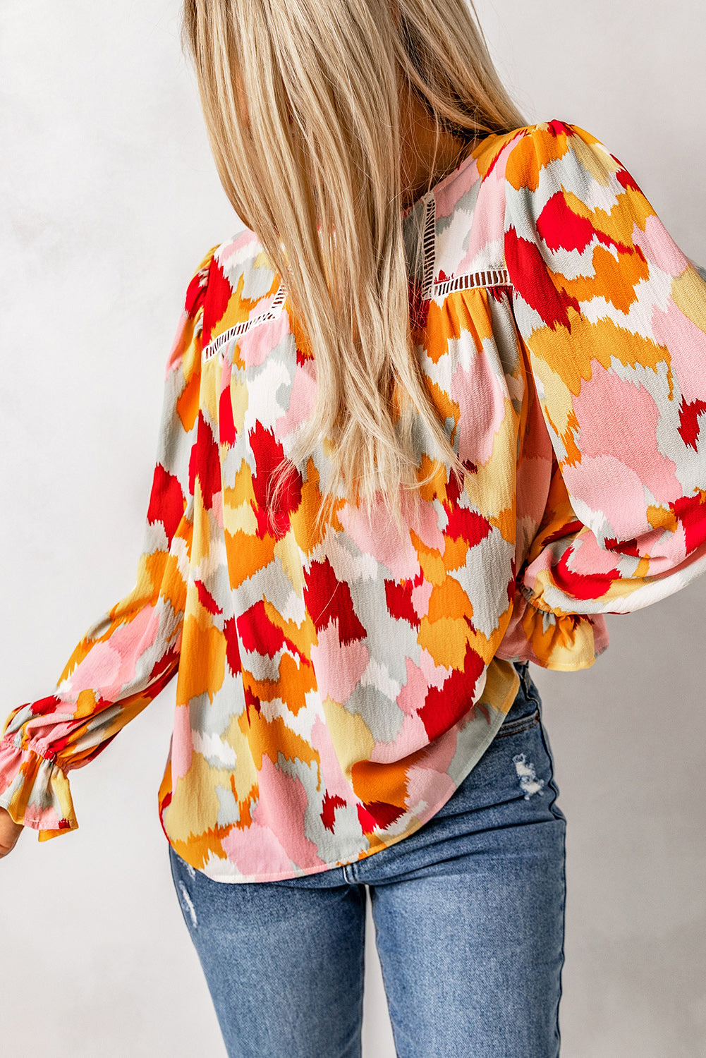 Multicolor Abstract Bohemian Puff Sleeve Blouse