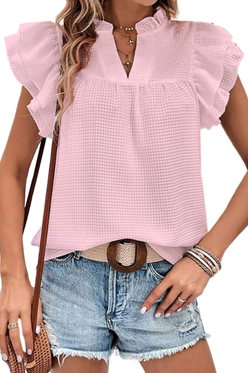 Pink Plain Textured Tiered Ruffle Sleeve Blouse