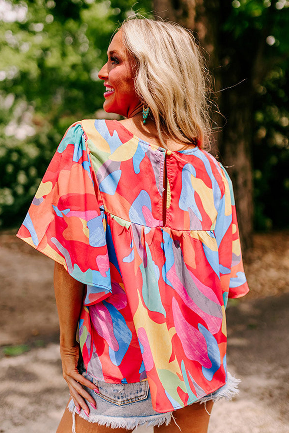 Multicolor Abstract Print Flounce Sleeve Blouse