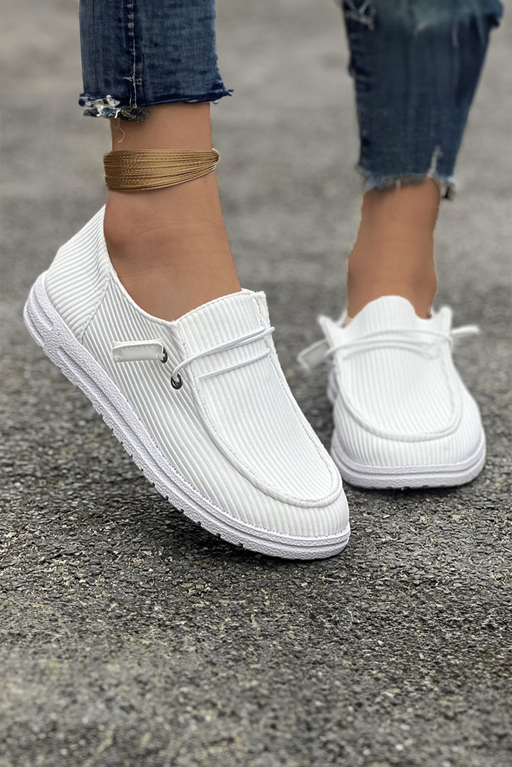 White Solid Color Striped Casual Loafers