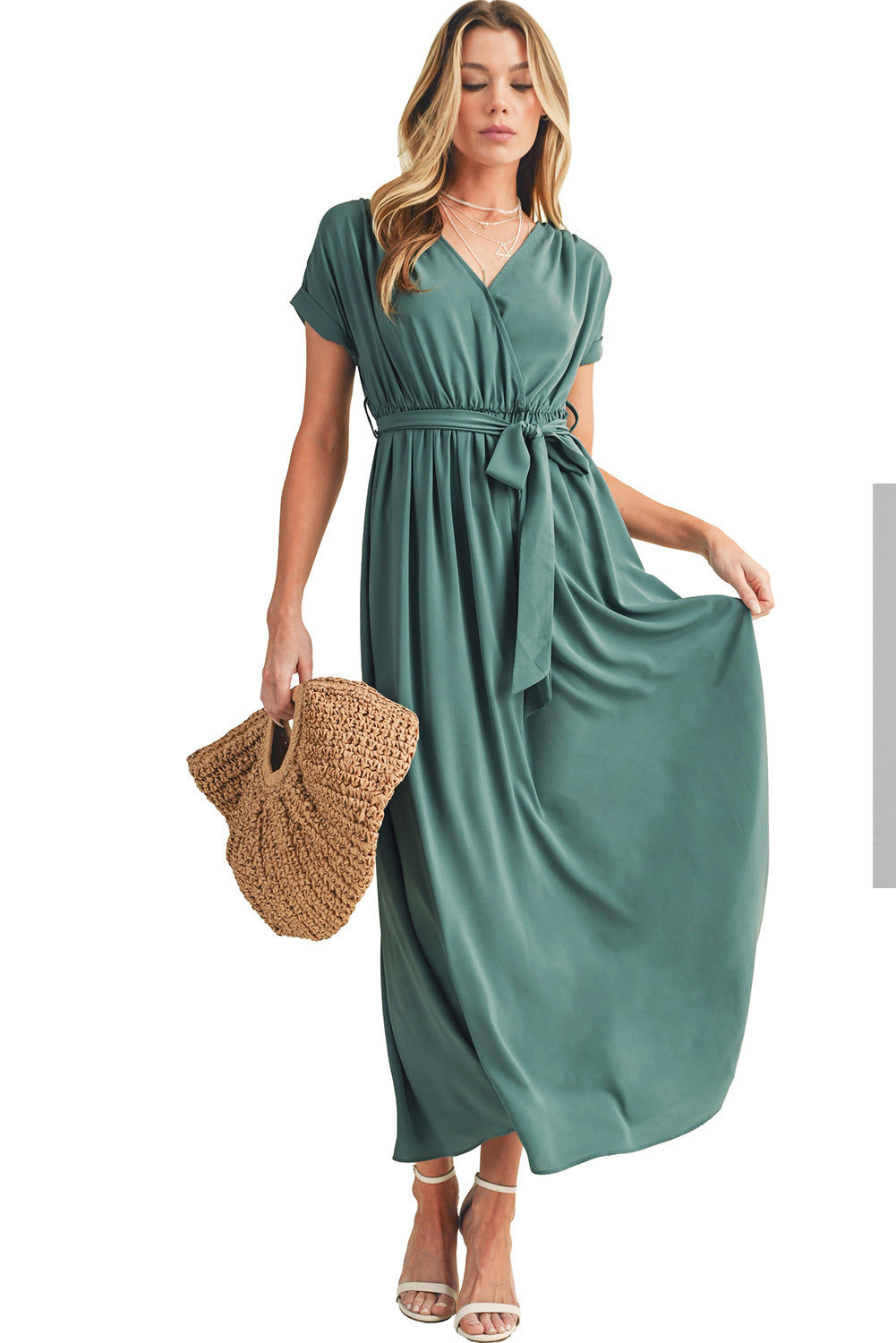 Green Wrap V Neck Belted Pleated Maxi Dress