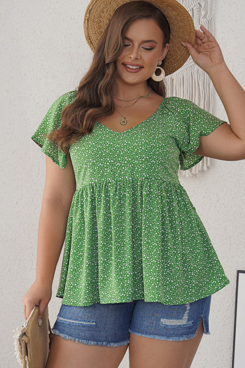 Green Floral Print Pleated Flounce Hem Short Sleeve Plus Size Top