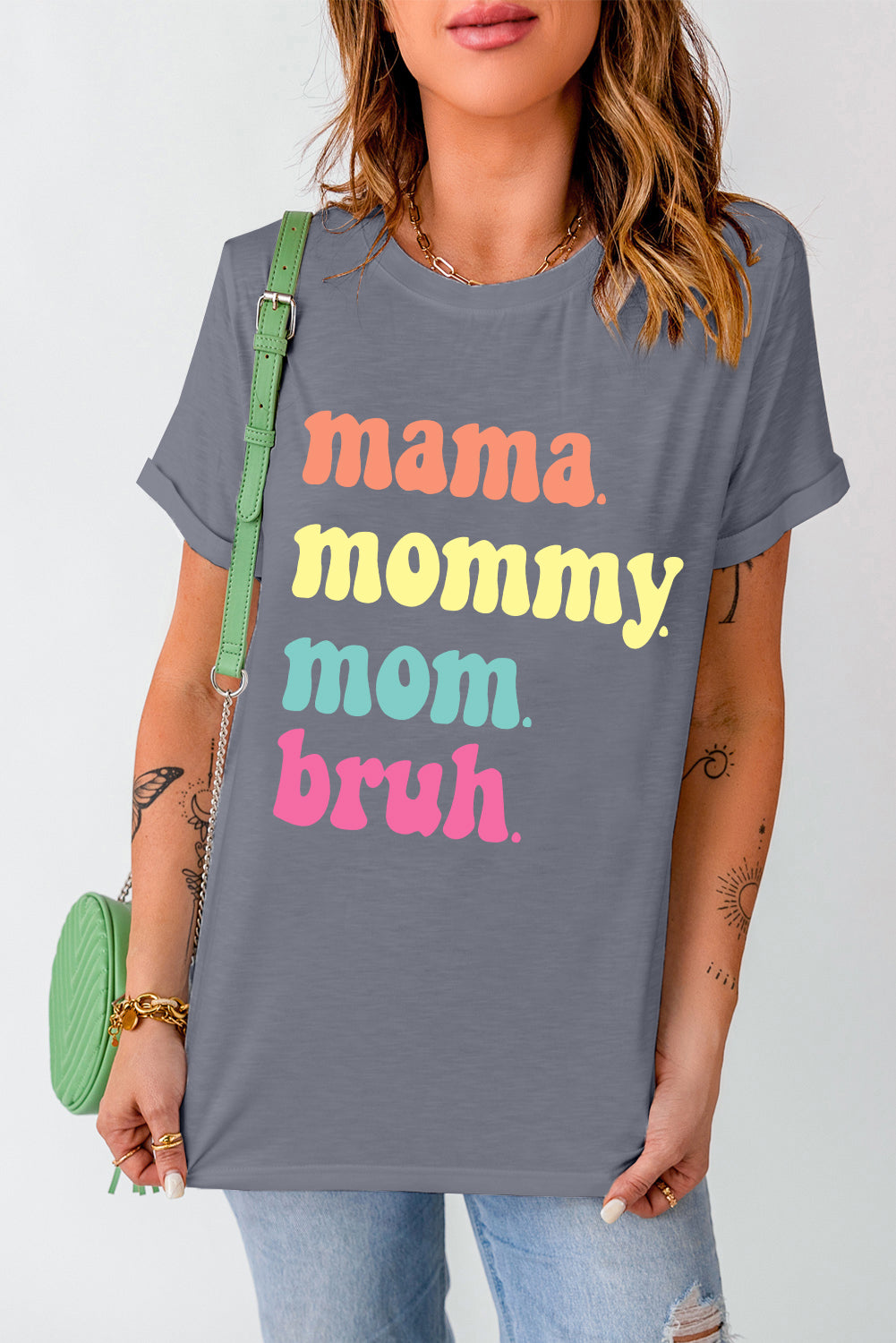 Gray Mama Letter Print Crew Neck Graphic Tee